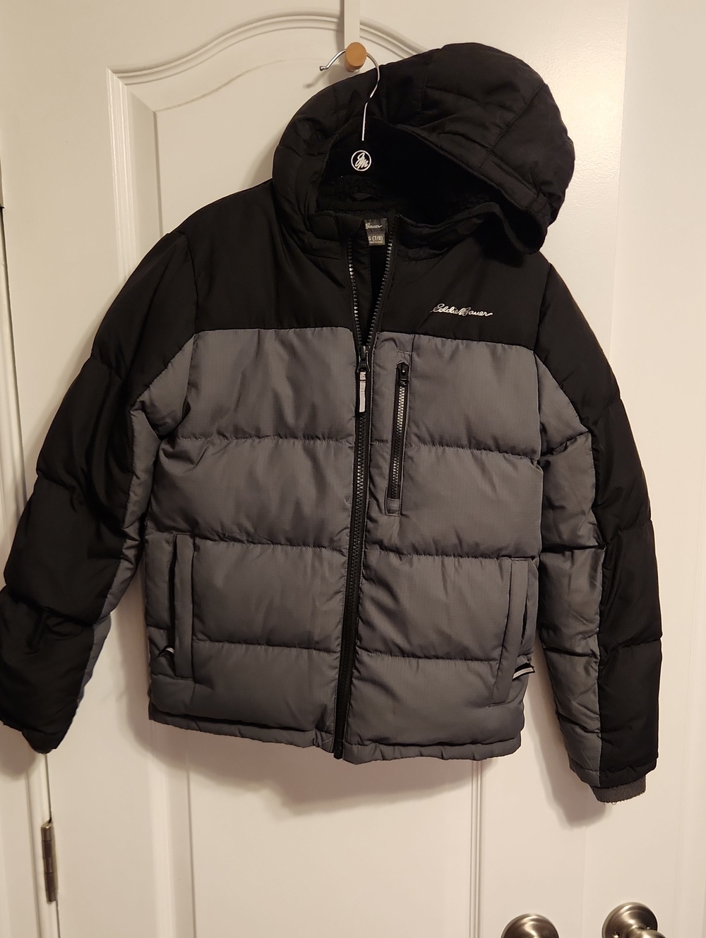 Eddie Bauer Two-Tone Black and Gray Puffer Jacket with Hood